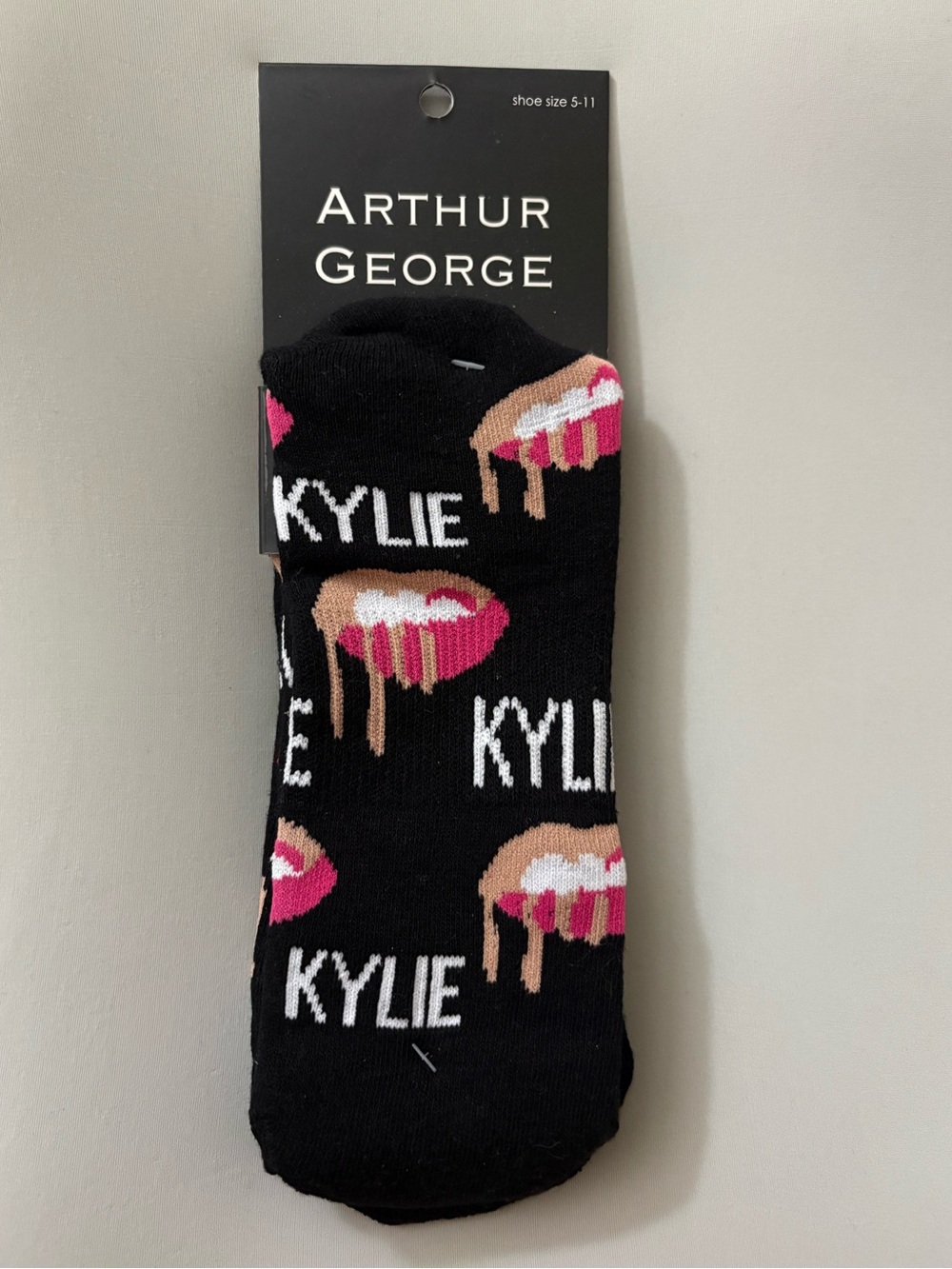 Arthur George Black No-Show Socks with Pink & Tan Dripping Lip Design